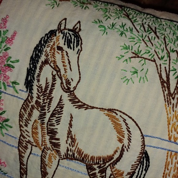 Pr Horse Embroid'd Eyelet Ruffled Home Made Pillow - Picture 7 of 11
